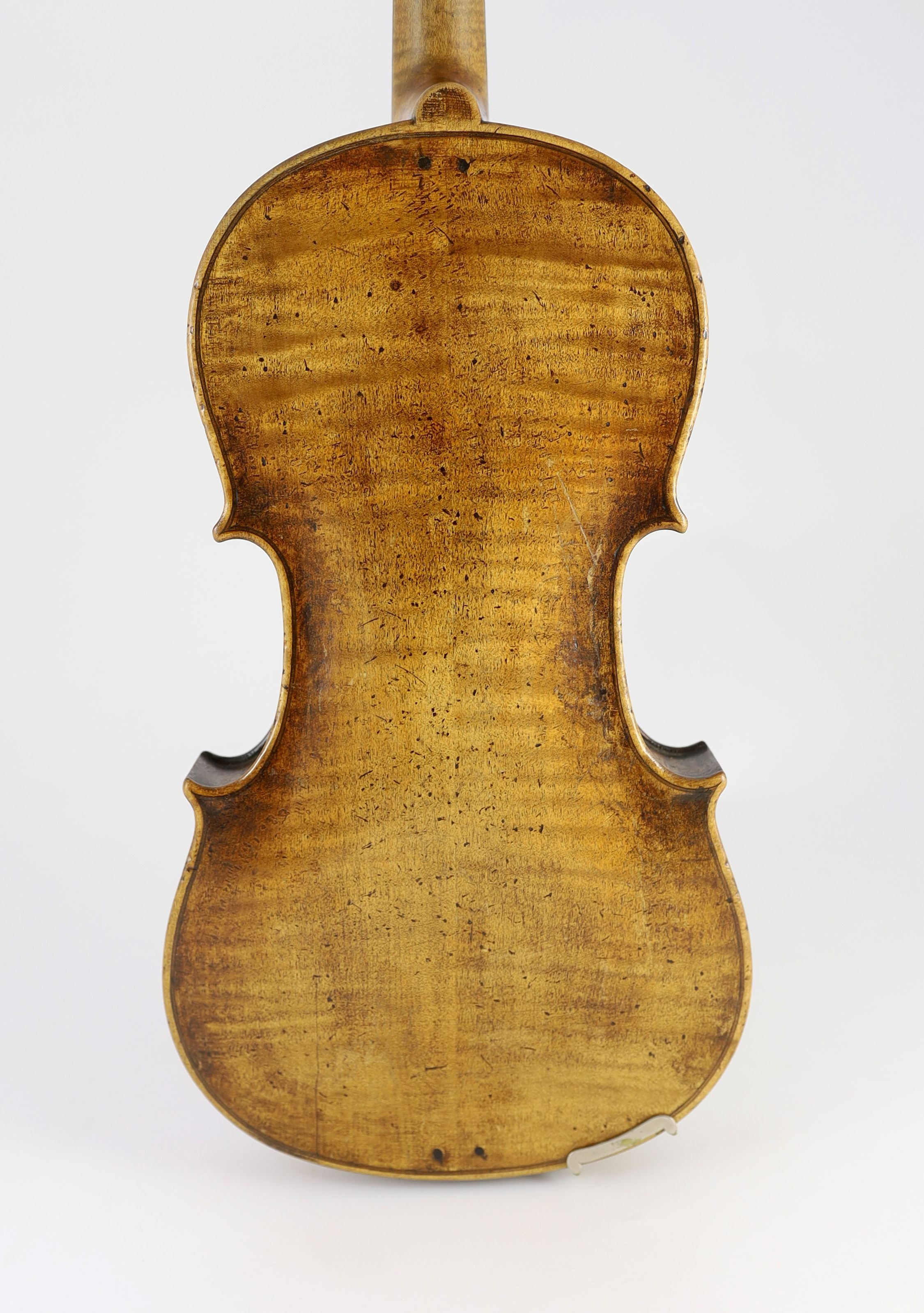 A 19th century violin, degraded internal paper label reads ‘Amati’, back measurement 36cm